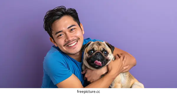 Asian man hugging a pug dog