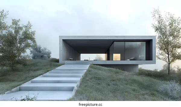 Modern Concrete House with Large Windows and a Grassy Hillside