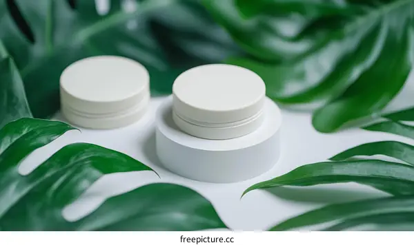 Cosmetic Product Display on a White Background with Green Leaves