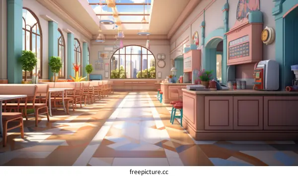 Retro pink diner interior with large windows