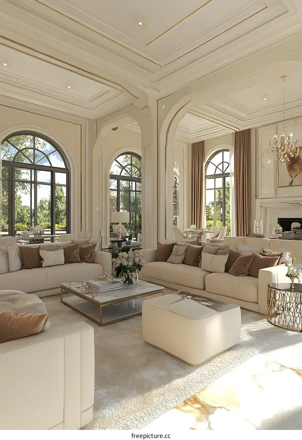 Modern Living Room Interior Design with Beige Sofa and Large Windows