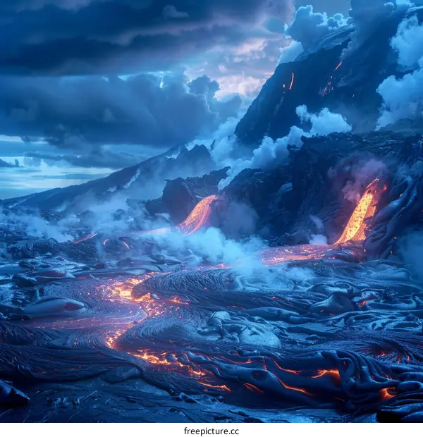 Lava Flowing Down a Rocky Mountainside