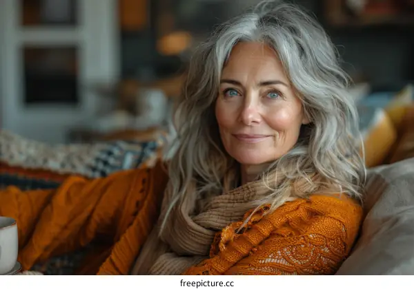 Portrait of a smiling middle-aged woman with gray hair