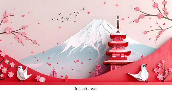 Pink and white paper cut Mount Fuji and cherry blossoms