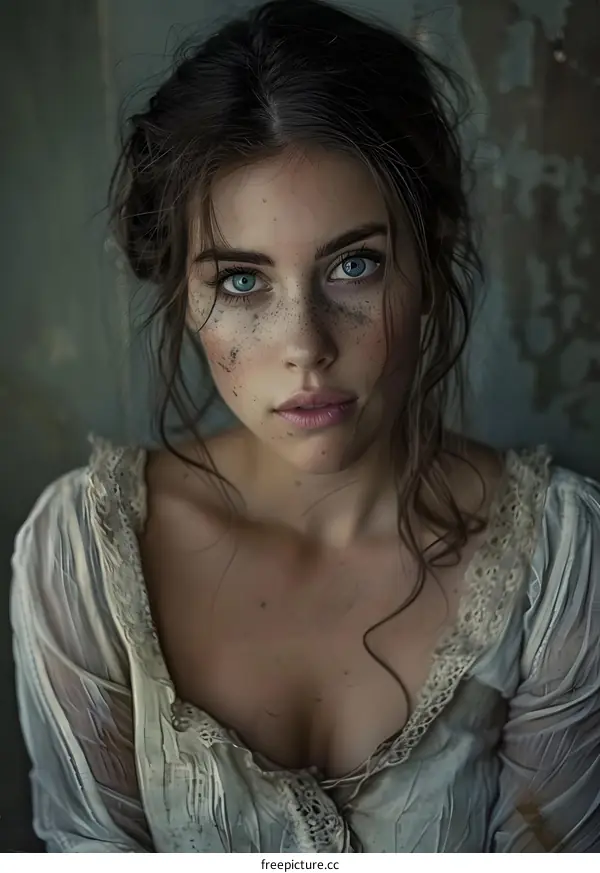 Portrait of a Young Woman with Freckles and Blue Eyes