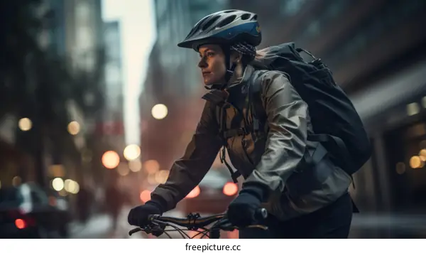 A female cyclist rides her bike through a busy city street