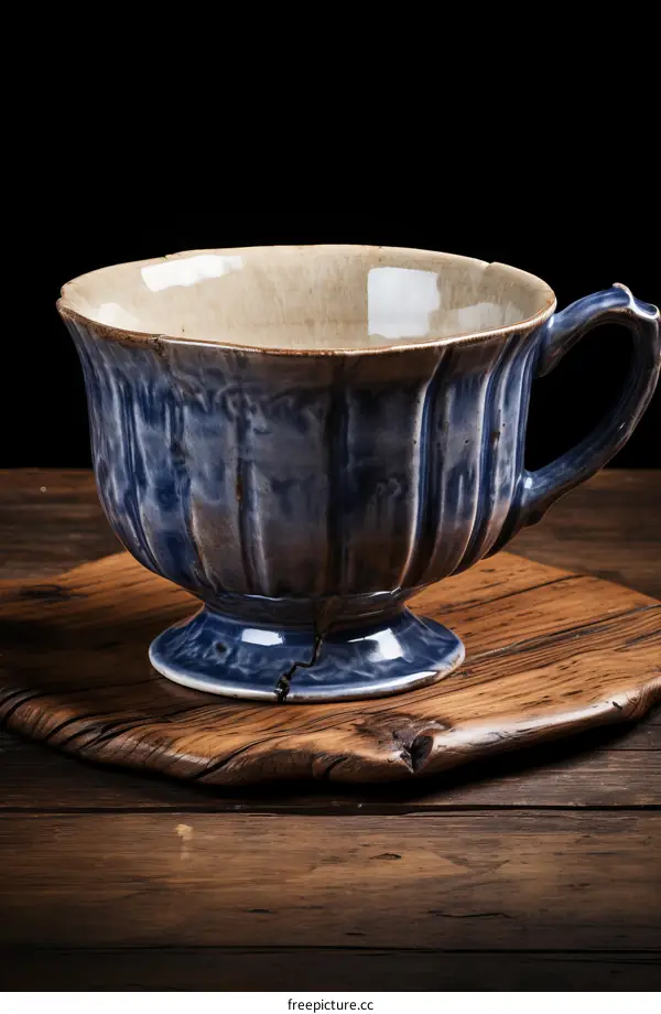Blue and white porcelain cup on a wooden table