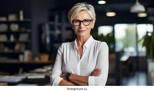 Confident businesswoman standing with arms crossed in modern office