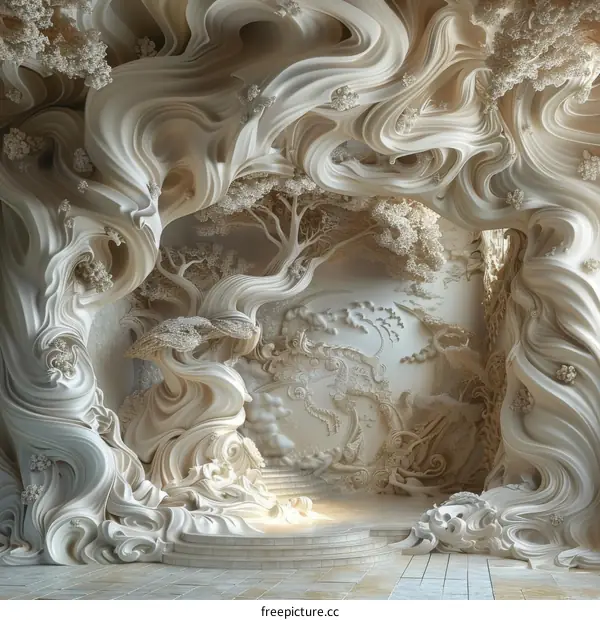 3D White Fantasy Forest with Large Tree and Staircase to Platform