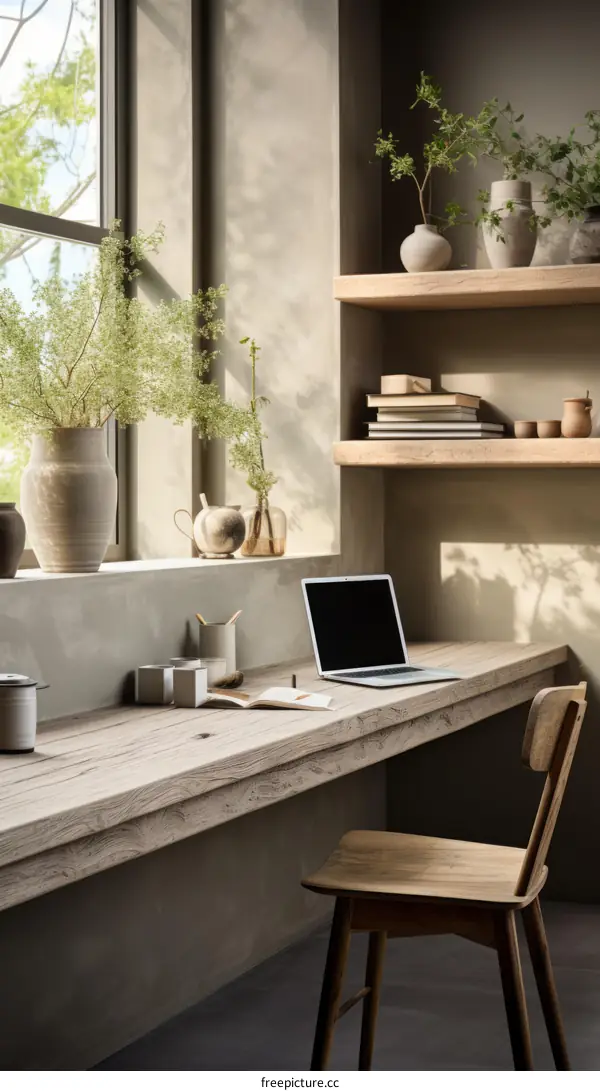 Modern Home Office with Large Wooden Desk, Comfortable Chair, and Natural Light
