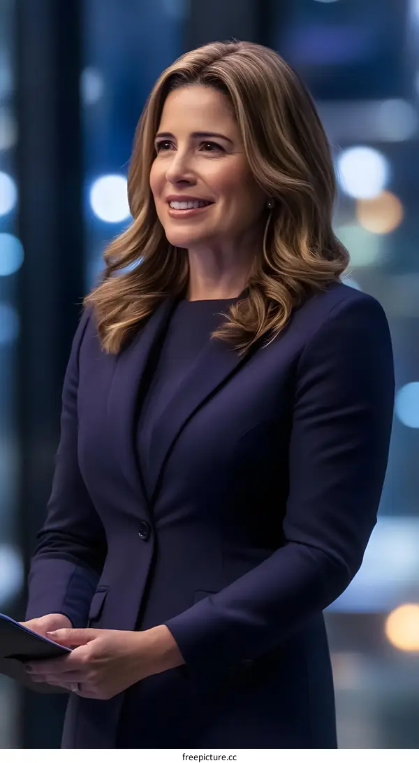 Businesswoman in Blue Suit Smiling and Holding a Folder