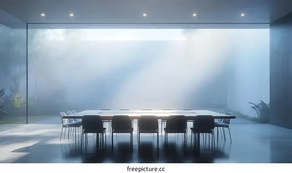 Modern Conference Room with Foggy Courtyard View