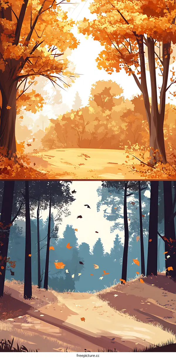 Autumn Forest Landscape Illustration With Fall Foliage And Trees