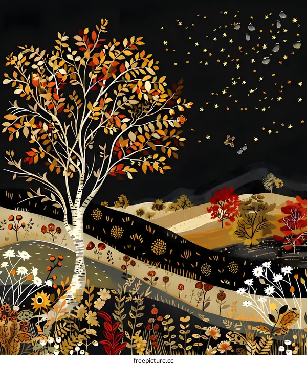 Autumn Night Landscape with Golden Leaves and Stars