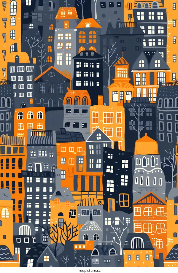 Colorful Illustration of Cityscape with Different Buildings