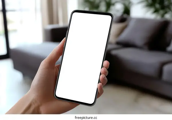 Hand Holding Smartphone with Blank Screen in Modern Living Room