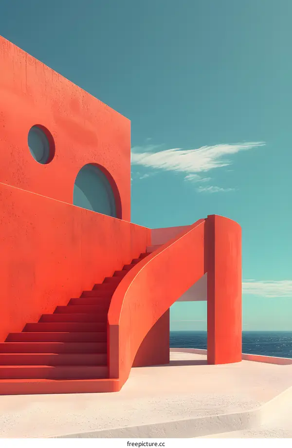 Red Concrete Stairs and House with Curved Walls and Windows