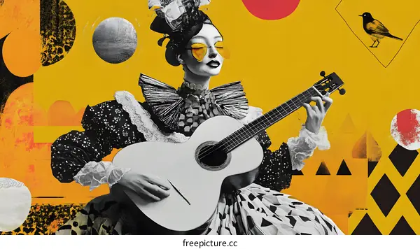 Woman in Sunglasses Playing Guitar with a Bird in the Background