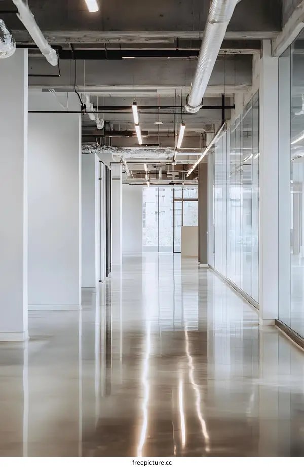 Modern Office Corridor with Exposed Ceiling and Shiny Floor