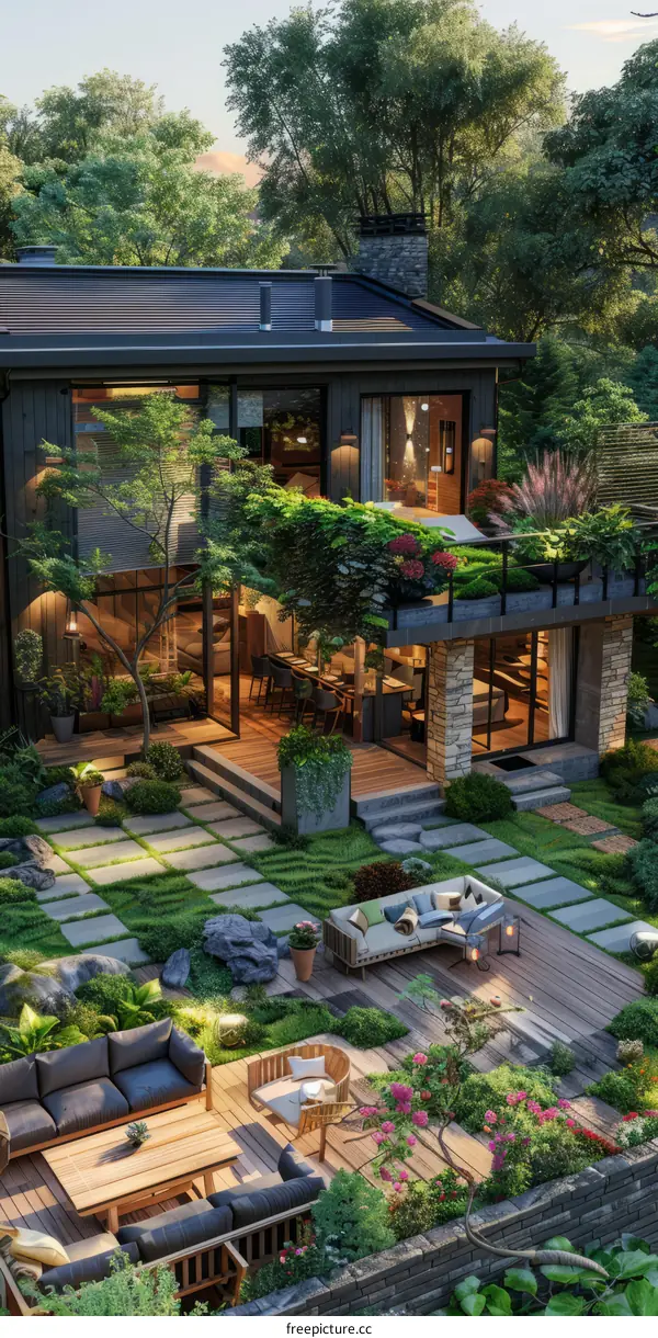A modern house with a beautiful garden
