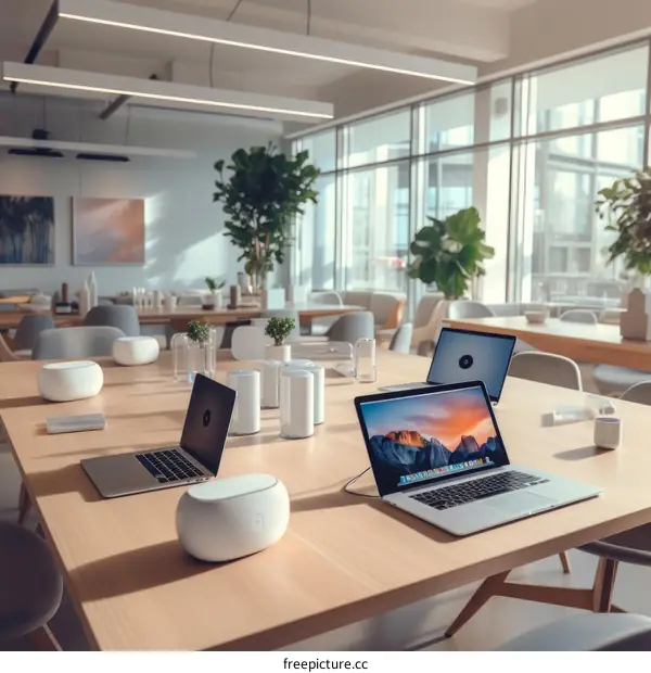 Modern Office Interior with Open Workspace and Large Windows