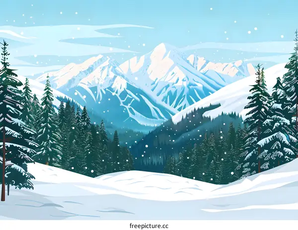 Snowy Mountain Landscape with Evergreen Trees