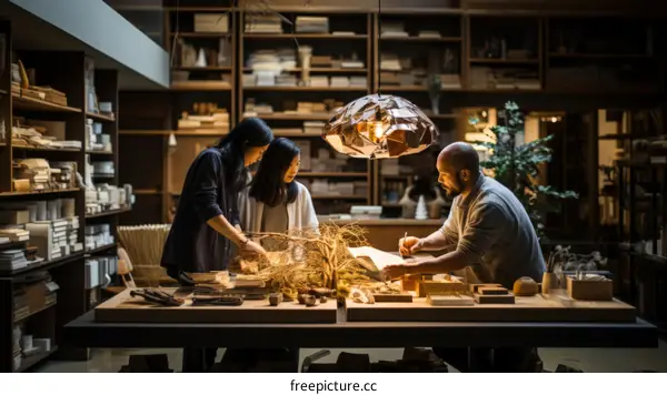 Three people are working together in a studio.