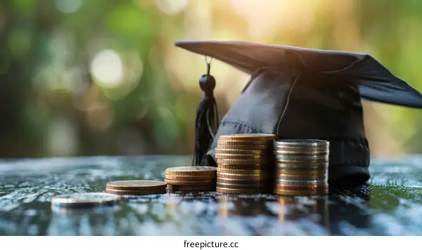 A black graduation cap sits on top of a stack of coins.