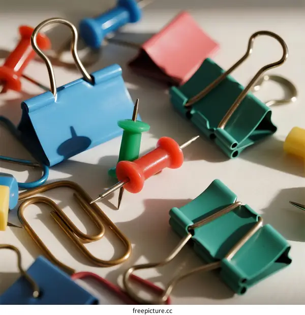 Colorful paper clips and push pins on a light surface
