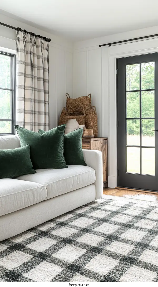 Cozy Living Room with Plaid Rug and Green Velvet Couch