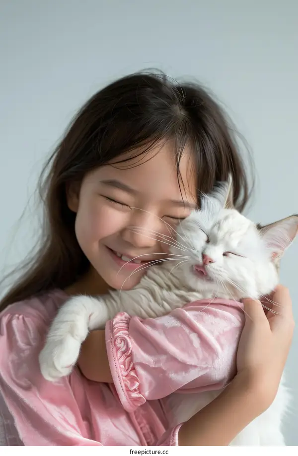 A girl hugging a white cat