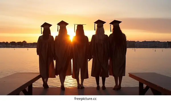 Five female college graduates in golden gowns watch the sunset over a lake.