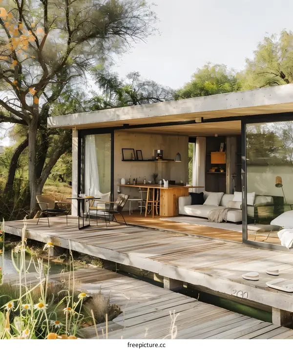 Modern Concrete House with Wooden Deck and Patio