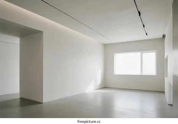 Empty white room with large window and minimalistic design