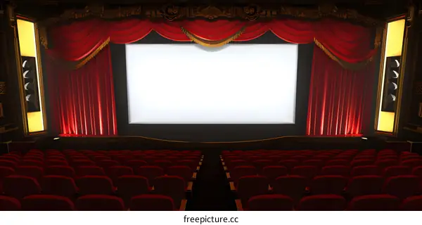 Empty Theater Stage With Red Curtains And Seats