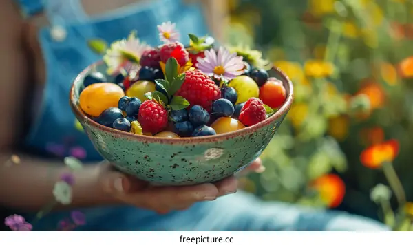 A bowl of fresh berries and flowers picked from the garden