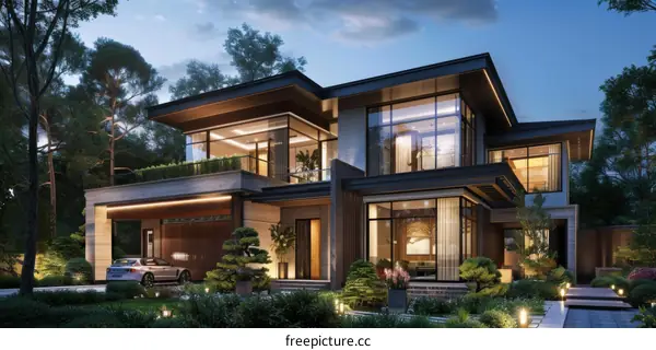 Modern House Exterior at Dusk with Lush Landscaping