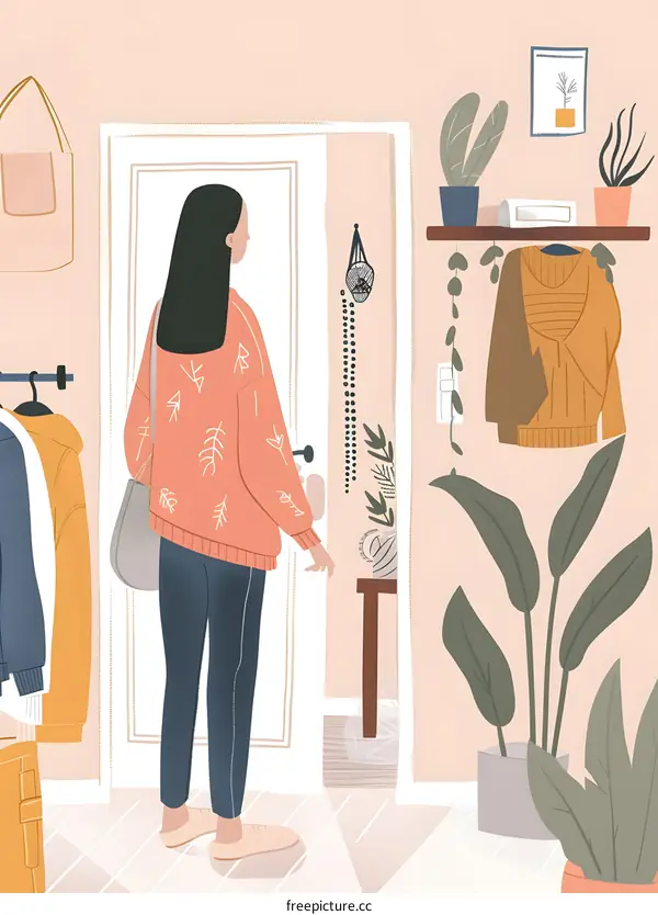 Woman Entering A Cozy Home With Plants