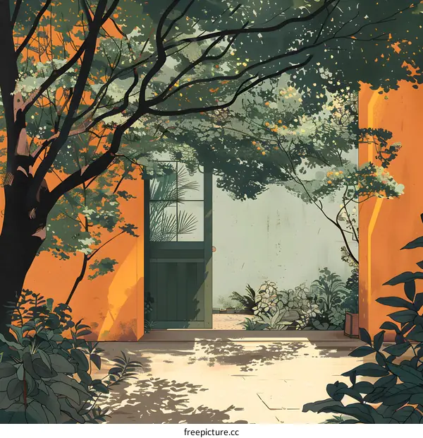 Illustration of a courtyard with a door, plants, and trees