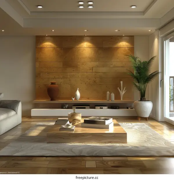 Modern living room interior with wooden furniture