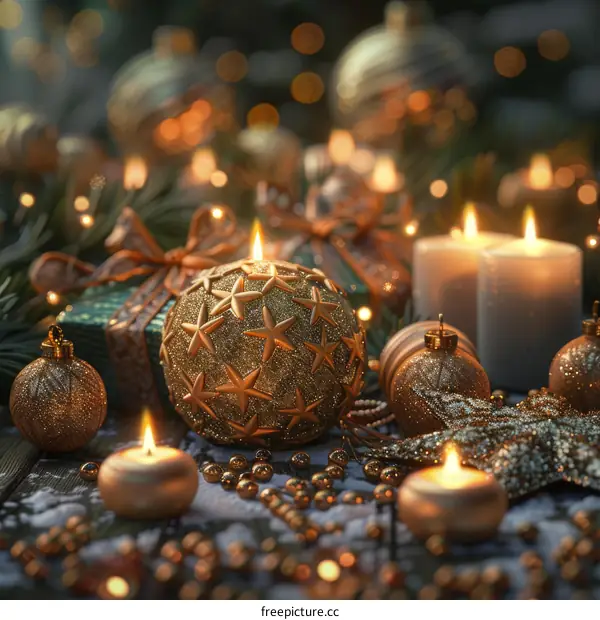 Christmas Decorations with Candles, Ornaments, and Gifts
