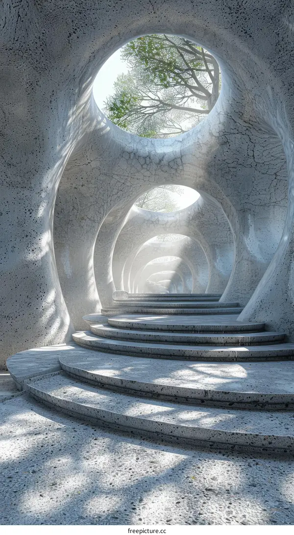 Futuristic Spiral Concrete Tunnel with Staircase