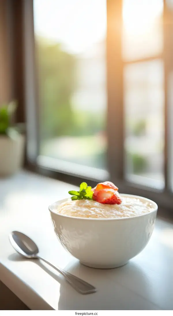 Breakfast Oatmeal with Fresh Strawberries and Mint on Windowsill