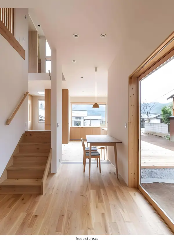Minimalist Modern Japanese Home Interior With Wood Flooring And A View Of The Garden