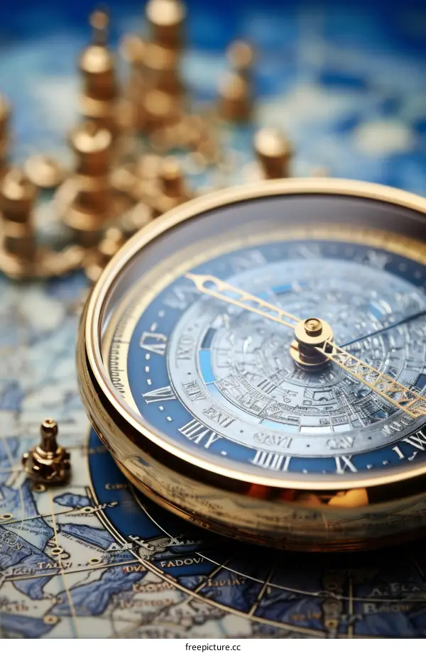 A gold and silver pocket watch sits on top of a detailed world map.
