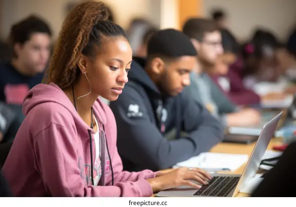 Image of a young woman using a laptop in a classroom