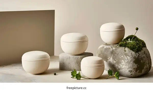 Ceramic Containers on Stones and Greenery
