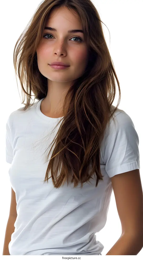 Portrait of a young woman with freckles and brown hair wearing a white t-shirt