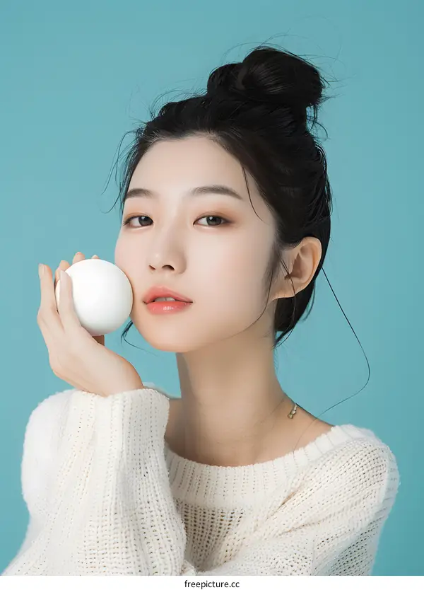 Portrait of a Young Asian Woman with a White Ball in Her Hand