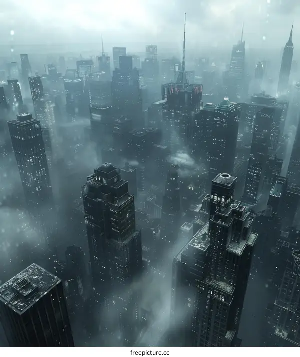 A Dark and Foggy Cityscape with Tall Skyscrapers